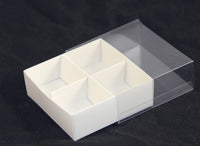 100 Pack of White Card Chocolate Sweet Soap Product Reatail Gift Box - 4 Bay Compartments - Clear Slide On Lid - 8x8x3cm