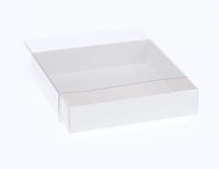 100 Pack of 10cm Square Invitation Coaster Favor Function product Presentation Cookie Biscuit Patisserie Gift Box - 2cm deep - White Card with Clear Slide On PVC Lid