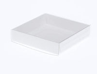 100 Pack of 10cm Square Invitation Coaster Favor Function product Presentation Cookie Biscuit Patisserie Gift Box - 4cm deep - White Card with Clear Slide On PVC Lid