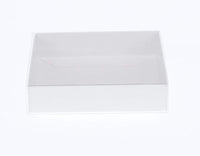 100 Pack of 15cm Square Invitation Coaster Favor Function product Presentation Cookie Biscuit Patisserie Gift Box - 4cm deep - White Card with Clear Slide On PVC Lid