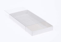 100 Pack of White Card Box - Clear Slide On Lid - 17 x 25 x 5cm -  Large Beauty Product Gift Giving Hamper Tray Merch Fashion Cake Sweets Xmas