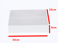 50 Pack of White Card Box - Clear Slide On Lid - 30 x 20 x 8cm -  Large Beauty Product Gift Giving Hamper Tray Merch Fashion Cake Sweets Xmas