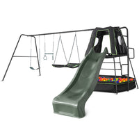 Kids Pallas Play Tower with Metal Swing Set in Green Slide