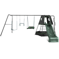 Kids Pallas Play Tower with Metal Swing Set in Green Slide