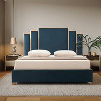 Austin Bed Frame Polyester Turquoise Fabric Padded Upholstery High Quality Slats Polished Stainless Steel Feet - King