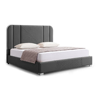 Halcyon Bed Frame Air Leather Padded Upholstery High Quality Slats Polished Stainless Steel Feet - King