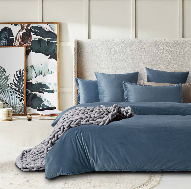 Corduroy Velvet Queen Bed Quilt Cover Set-Ash Blue