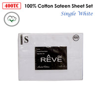 400TC Reve 100% Cotton Sateen Sheet Set White Single