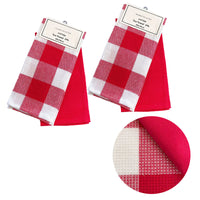 Set of 4 Cotton Waffle Checkered & Plain Dyed Tea Towels 50cm x 70cm Red