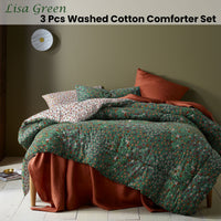 Accessorize Lisa Green Washed Cotton Printed 3 Piece Comforter Set Queen