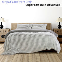 Ardor Striped Faux Fur Grey Super Soft Quilt Cover Set Queen