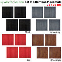 Set of 4 Square Broad Slat Bamboo Table Placemats 35 x 35cm Red