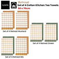 Ladelle Set of 4 Retreat Cotton Kitchen Tea Towels 50 x 70 cm Green