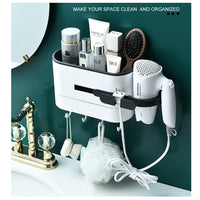 Hair Dryer Holder Set Bathroom Wall Mounted Toothbrush Comb Storage White Rack