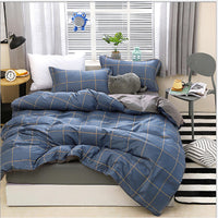Blue Plaid Pattern Aloe Cotton Flat Sheet Quilt Cover Pillowcases 4pcs Bedding Set Duvet Doona Quilt Cover Set (King)