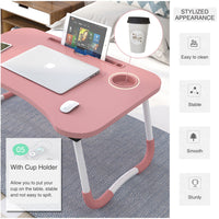 Foldable Desk Laptop Stand Table Bed Computer Study Adjustable Portable Cup Slot(White)