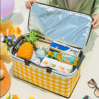 Collapsible Outdoor Camping Portable Insulated Picnic Basket Camping Picnic Ice Pack(Yellow Grid)