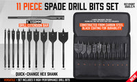 11Pc Spade Drill Bit Set & Extension Flat Wood Boring With Hex Key + Carry Pouch