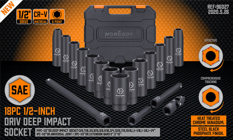 18Pc Deep Impact Socket Set Imperial / SAE Extension Flexible Adaptor 1/2 KingsWarehouse Australia