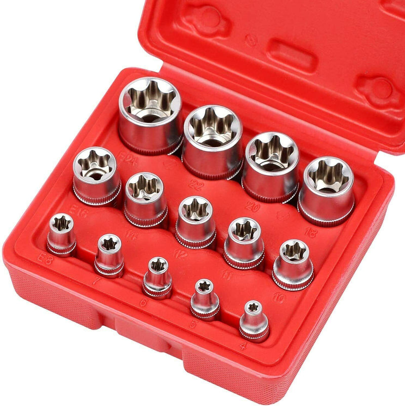 14Pc E Torx Socket Set Female Start Bit External Hex Torque E4-E24 With Case Kings Warehouse Australia