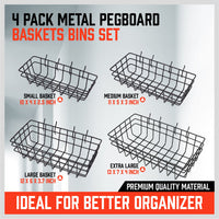 4Pc Pegboard Baskets Set Storage Bins Peg Board Organizer 4 Size Display Hangers