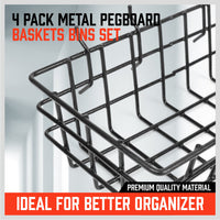 4Pc Pegboard Baskets Set Storage Bins Peg Board Organizer 4 Size Display Hangers