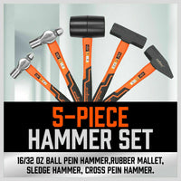 5Pc Hammer Set Rubber / Ball Pein / Sledge / Cross Pein Mallet TPR Grip Handle