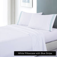 soft microfibre embroidered stripe sheet set double white pillowcase blue stripe