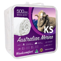 Woolcomfort Aus Made Merino Wool Quilt 500GSM 160x210cm King Single Size