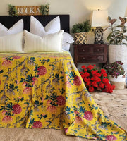 Mustard Peony Kantha Bedspread Coverlet - Mustard (King - 228 cm x 274 cm)