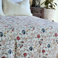 Berries Kantha Bedspread Coverlet - White (King - 228 cm x 274 cm)