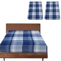 2x Queen Luxury 100% Cotton Flannelette Fitted Bed Sheet - Blue Check Print