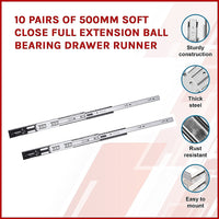 10 Pairs of 500mm Soft Close Full Extension Ball Bearing Drawer Runner