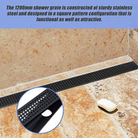 1200mm Bathroom Shower Black Grate Drain w/Centre outlet Floor Waste Square Pattern