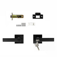 Door Handle Set Lever Key Lock Function Square Black