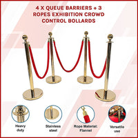 4 x Queue Barriers + 3 Ropes Exhibition Crowd Control Bollards
