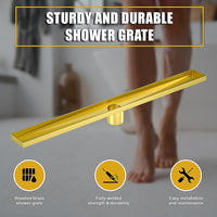 900mm Bathroom Shower Brushed Brass Grate Drain w/ Centre outlet Floor Waste Square Pattern