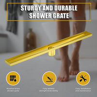 1200mm Bathroom Shower Brushed Brass Grate Drain w/ Centre outlet Floor Waste Square Pattern