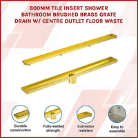800mm Tile Insert Shower Bathroom Brushed Brass Grate Drain w/ Centre outlet Floor Waste