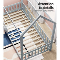 Wooden Bed Frame House Shape Pine Timber Base Single Size Platform Grey