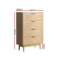 Artiss 4 Chest of Drawers Rattan Tallboy Cabinet Bedroom Clothes Storage Wood bedroom furniture Kings Warehouse 
