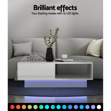 Artiss Coffee Table LED Lights High Gloss Storage Drawer Modern Furniture White Redecorate for Winter Kings Warehouse 