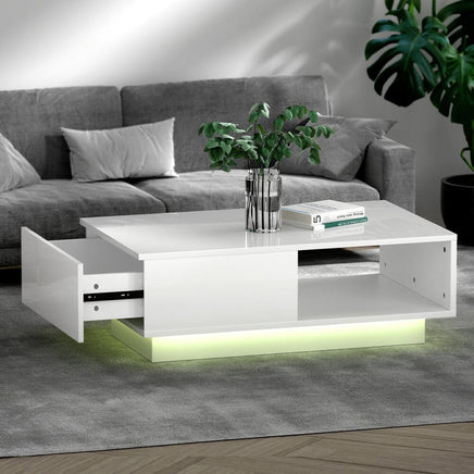 Artiss Coffee Table LED Lights High Gloss Storage Drawer Modern Furniture White Redecorate for Winter Kings Warehouse 