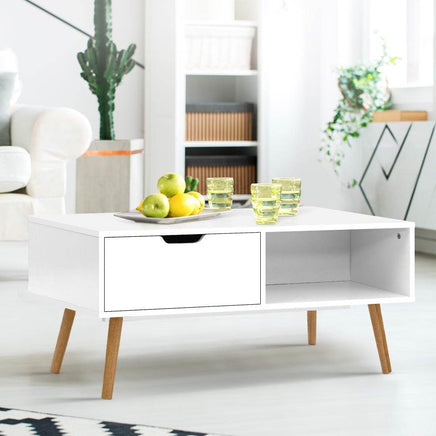 Artiss Coffee Table Storage Drawer Open Shelf Wooden Legs Scandinavian White Kings Warehouse 