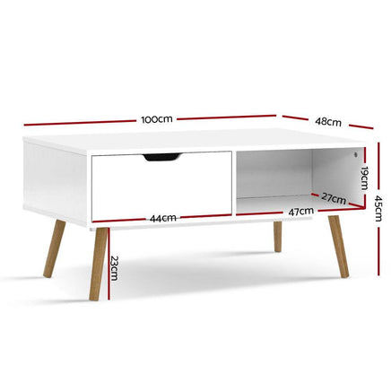 Artiss Coffee Table Storage Drawer Open Shelf Wooden Legs Scandinavian White Kings Warehouse 