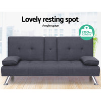 Artiss Linen Fabric 3 Seater Sofa Bed Recliner Lounge Couch Cup Holder Futon Dark Grey sofas Kings Warehouse 