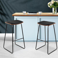 Artiss Set of 2 Backless PU Leather Bar Stools - Black and Wood Bar Stools & Chairs Kings Warehouse 
