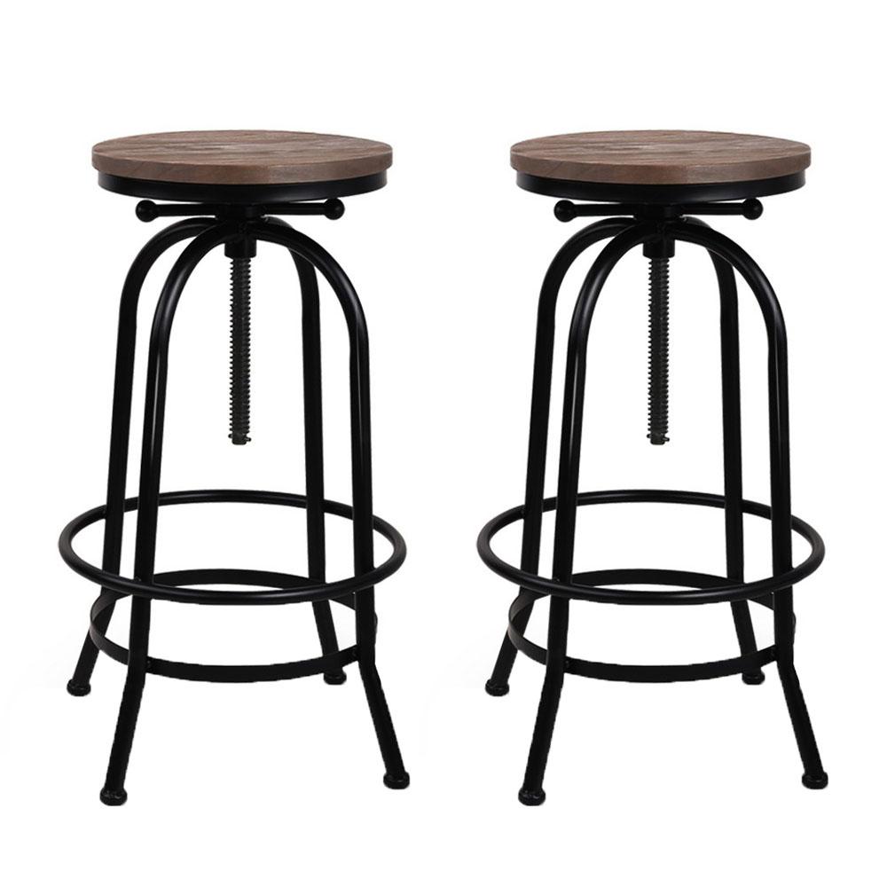 Artiss Set of 2 Bar Stool Industrial Round Seat Wood Metal - Black and Brown Bar Stools & Chairs Kings Warehouse 