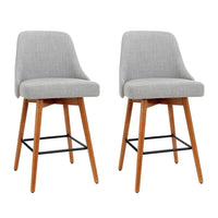 Kings Set of 2 Wooden Fabric Bar Stools Square Footrest - Light Grey