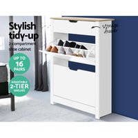 Artiss Shoe Cabinet Rack Storage Organiser Cupboard Shelf Drawer 16 Pairs White Bedroom Kings Warehouse 